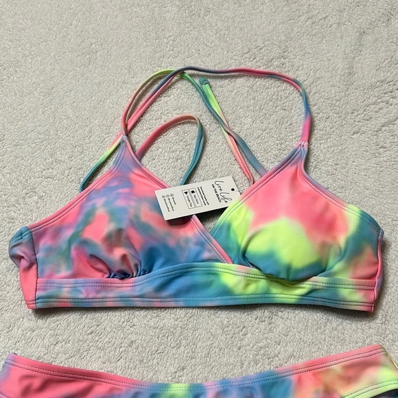 NWT! Pink yellow and blue Tie-Dye Triangle Top & Cheeky‎ Hipster Bikini Sz Large - Picture 3 of 8